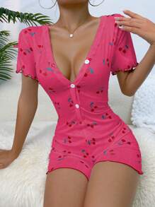 Women's Casual Young Rose Red V Neck Button Front Short Pajama With Cherry Print Regular Sleeve Knitted Fabric Sleepwear - Rose Red - View 3