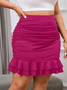 SHEIN Privé Plus Size Women's Pleated Ruffle Hem Skirt - Hot Pink - View 5