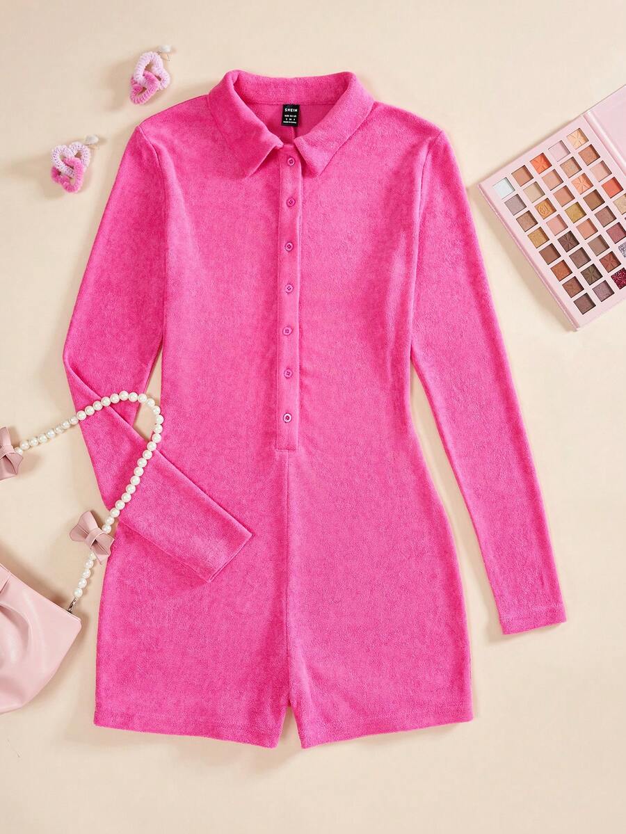 SHEIN EZwear Quý cô Màu thuần Nút phía trước Romper - Màu Hồng Tươi - Xem 1