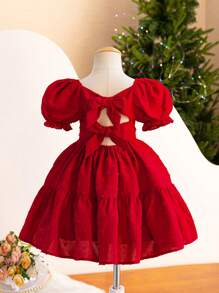 Young Girl Casual Short-Sleeved Woven Solid Color Square Neckline Dress For Daily Wear