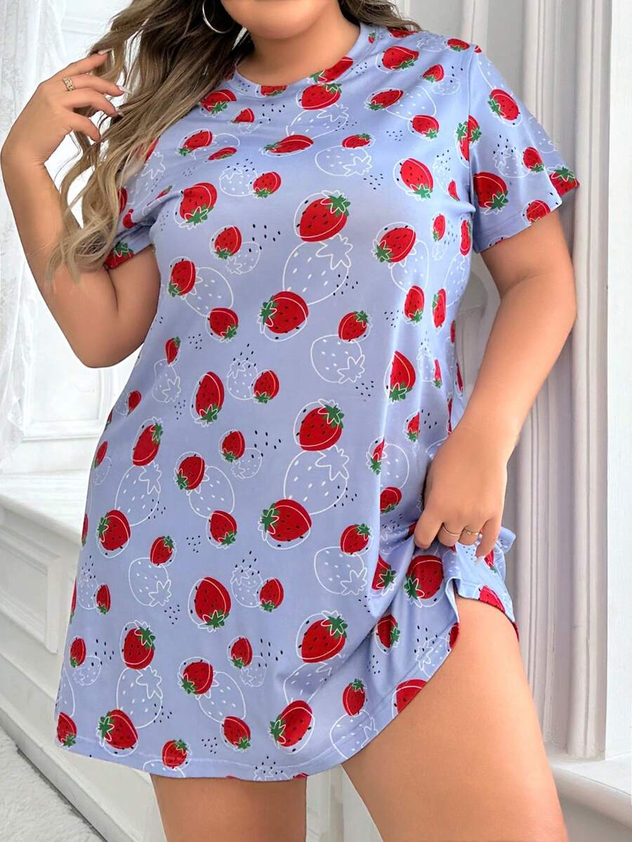 SHEIN Plus Size Women's Strawberry Printed Sleep Dress Pajama Dress - Purple - View 1