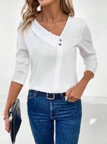 Chiquease Camisa de vestir de un solo hombro de unicolor con cuello asimétrico - Blanco - Ver 4