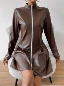 Zolique Elegant Fit And Flare Zipper Dress Fall Cloth For Women - Brown - View 4