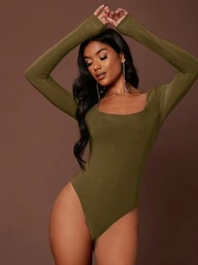 SHEIN BAE 方領長袖連體衣 - 軍綠色 - 查看 4