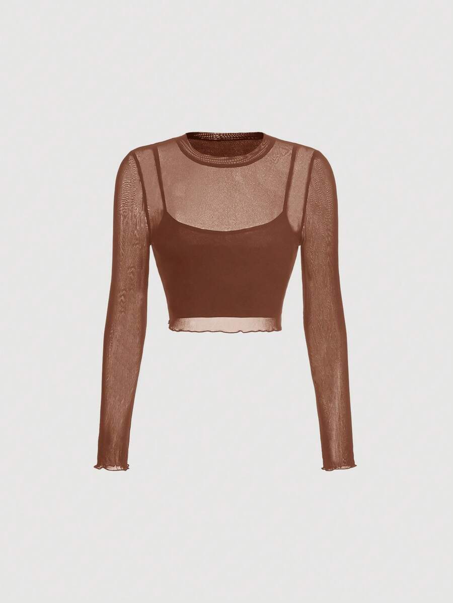 SHEIN MOD 女士透明網眼上衣 - 棕色 - 查看 1