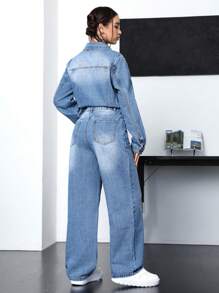 SHEIN EZwear Mono De Mezclilla Para Mujer Con Camisa De Manga Larga