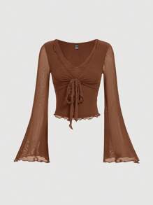 SHEIN MOD Knot Front Bell Sleeve T-Shirt - Brown - View 1