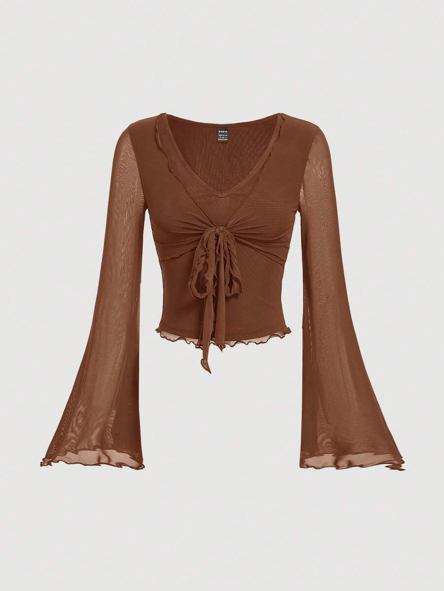 SHEIN MOD Knot Front Bell Sleeve T-Shirt - Brown - View 1