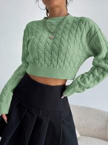 SHEIN EZwear Women's Long Sleeve Round Neck Sweater - Green - View 4