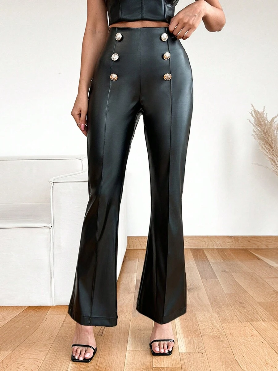 EURMUSE Women's Flared Pu Leather Pants - Black - View 1