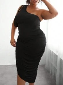 SHEIN CURVE+ Hơn Một bờ vai Bên dây rút Xù Váy bodycon - màu đen - Xem 3