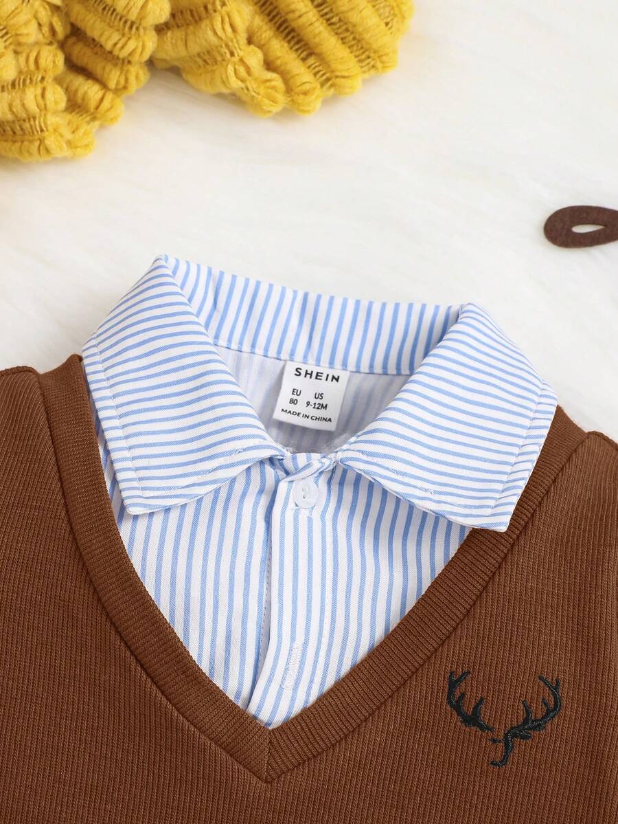 SHEIN Baby Boys' 2 In 1 Colorblock Collar Shirt And Solid Color Pants