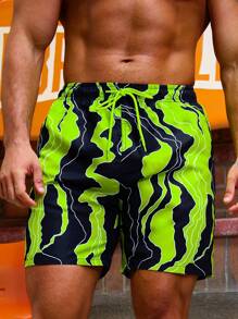 Manfinity 男士图案印花松紧腰抽绳沙滩短裤泳池短裤，适合海滩、度假