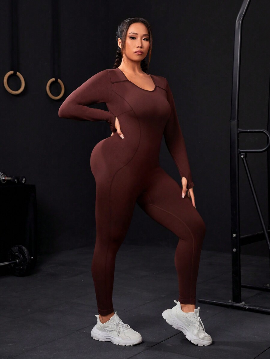 SHEIN Sport Studio Plus Size VNeck Long Sleeve Bodycon Sports Jumpsuit