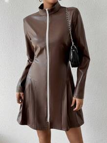 Zolique Elegant Fit And Flare Zipper Dress Fall Cloth For Women - Brown - View 5