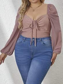 SHEIN Frenchy 大尺碼女裝荷花袖t恤,前褶細節 - 藕粉色 - 查看 1