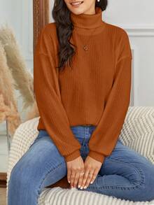 SHEIN Frenchy High-Neck Sweatshirt With Drop Shoulder Sleeves - Rust Brown - View 7