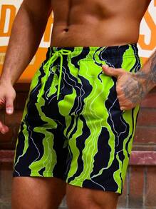 Manfinity 男士图案印花松紧腰抽绳沙滩短裤泳池短裤，适合海滩、度假