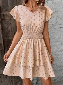 SHEIN LUNE 女性金箔波點＆腰部收縮洋裝 - 杏色 - 查看 1