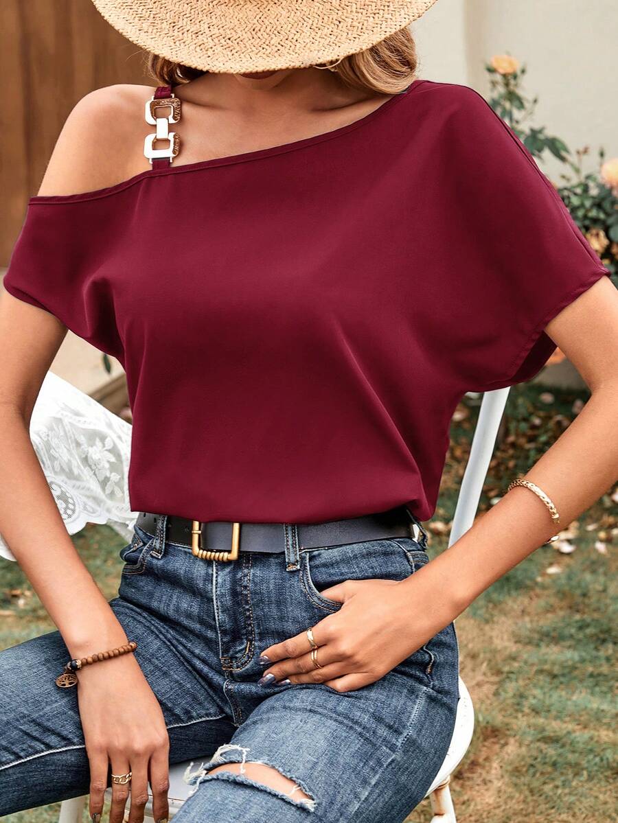 SHEIN LUNE 女士不對稱領口短袖襯衫 - 酒紅色 - 查看 1