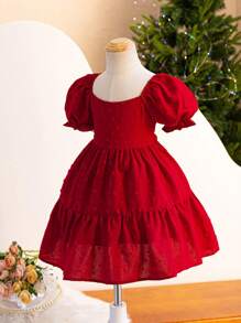 Young Girl Casual Short-Sleeved Woven Solid Color Square Neckline Dress For Daily Wear