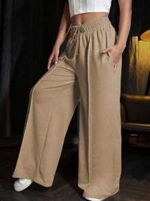 SHEIN Unity Women's Solid Drawstring Waist Wide-Leg Sweatpants - Apricot - View 5