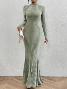 SHEIN Privé 女士立領修身緊身纏身裙 - 綠色 - 查看 5