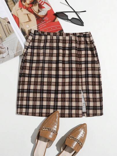 SHEIN EZwear Summer Going Out Brown Split Hem Short Style Tartan Skirt
