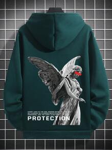 Manfinity EMRG 鬆身男士雕塑印花帽衫,背部設計 - 墨綠色 - 查看 2