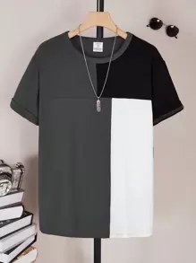 Áo thun tay ngắn cổ tròn chắp vá thời trang cho bé trai tuổi teen, thoải mái, dễ mặc, đa năng - Màu xanh lá cây đậm - Xem 2