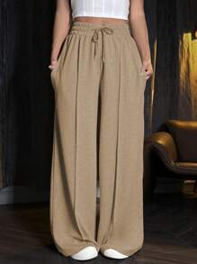 SHEIN Unity Women's Solid Drawstring Waist Wide-Leg Sweatpants - Apricot - View 1