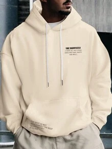 Manfinity Homme Nam Kích thước lớn Slogan In Dây rút áo có mũ Lông cừu Áo nỉ - Màu Khaki - Xem 1