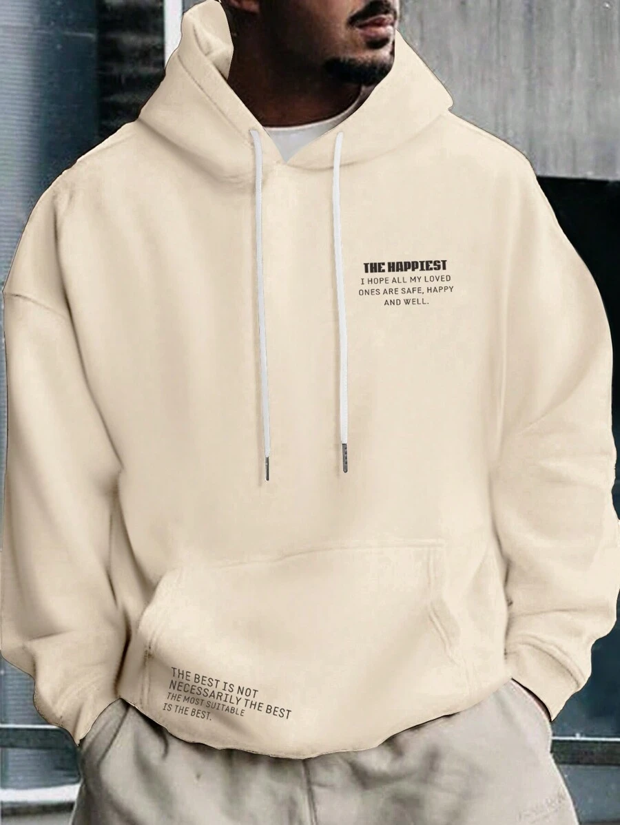 Manfinity Homme Nam Kích thước lớn Slogan In Dây rút áo có mũ Lông cừu Áo nỉ - Màu Khaki - Xem 1