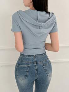 DAZY Của phụ nữ Màu thuần Dây rút áo có mũ Áo thun - Màu xanh lam - Xem 4