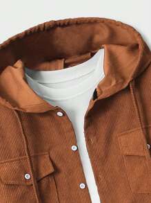 ROMWE MEN Casual 男士长袖灯芯绒连帽纽扣外套，适合上学穿着，秋冬季款