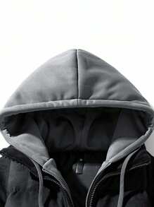 Men's Zipper Front Two-In-One Hooded Padded Coat - Black - View 4
