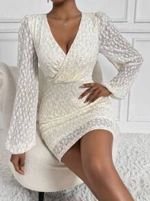 Chiquease Women'S Sparkly Lantern Sleeve Wrap Neckline Dress - Apricot - View 5