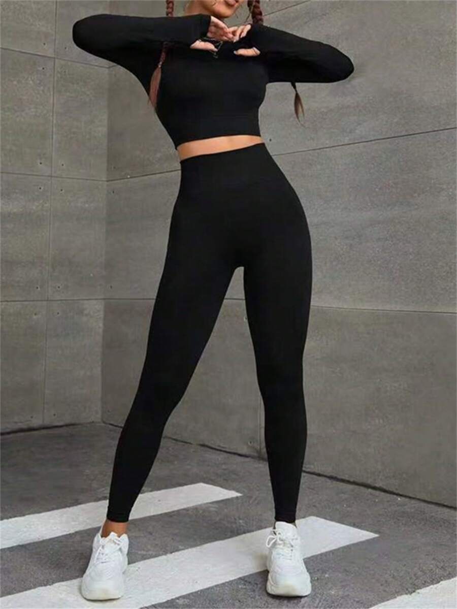 女士純色運動連帽兩件套裝,帶拇指孔 - 黑色 - 查看 1