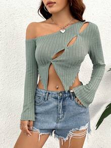 SHEIN Unity Women's Asymmetrical Neckline Cut Out Long Sleeve T-Shirt - Black - View 3