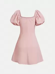 SHEIN Teen Girls' Knit Solid Color Square Neck Puff Sleeve Casual Dress - Pink - View 2