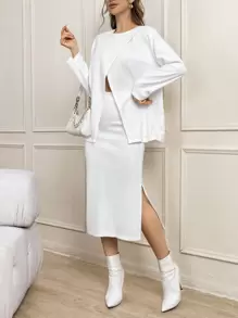 SHEIN Privé Women'S Solid Color Casual 2-Piece Set - White - View 5