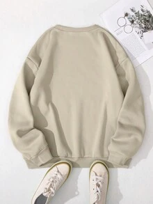 SHEIN EZwear 女士字母印花連帽毛絨套頭衫 - 米色 - 查看 2