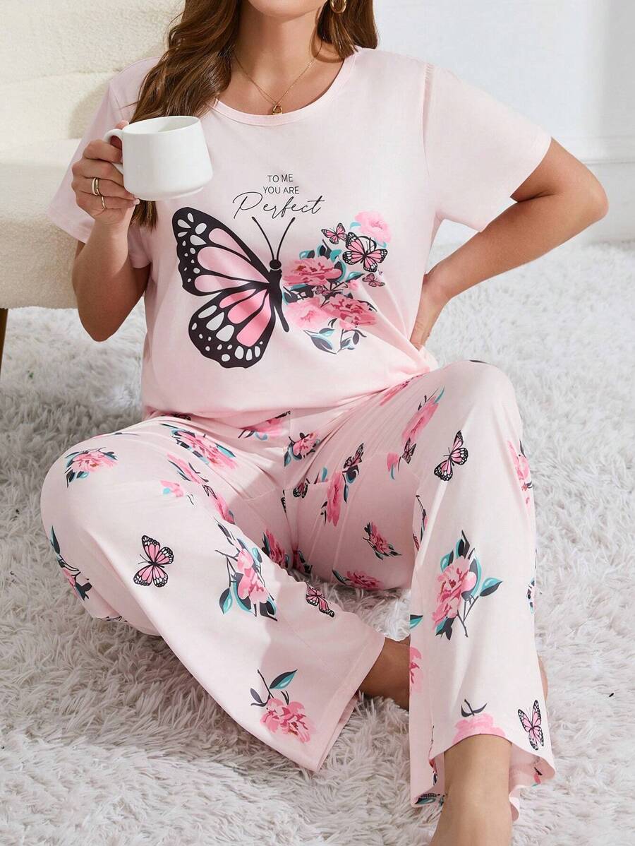 Plus Size Floral Butterflies Printed Pajama Set, Outfits - Baby Pink - View 1