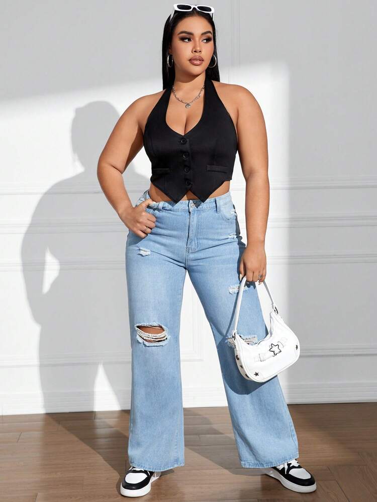 Plus Size Knotted Back Buttoned Halter Top