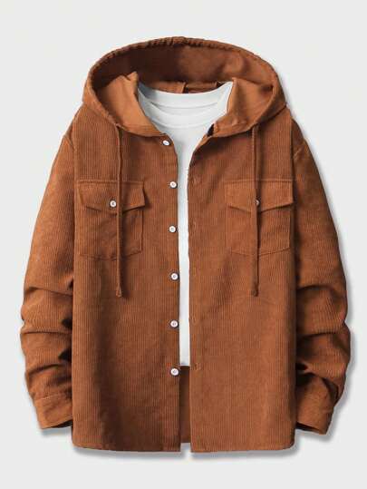 Prep Men Corduroy Button Front Hooded Shirt, School, For Fall Winter
