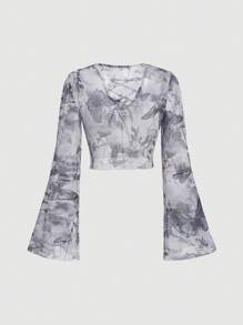 Aveloria Rosie 女士花卉印花搖擺袖交叉肩帶t恤 - 灰色 - 查看 2