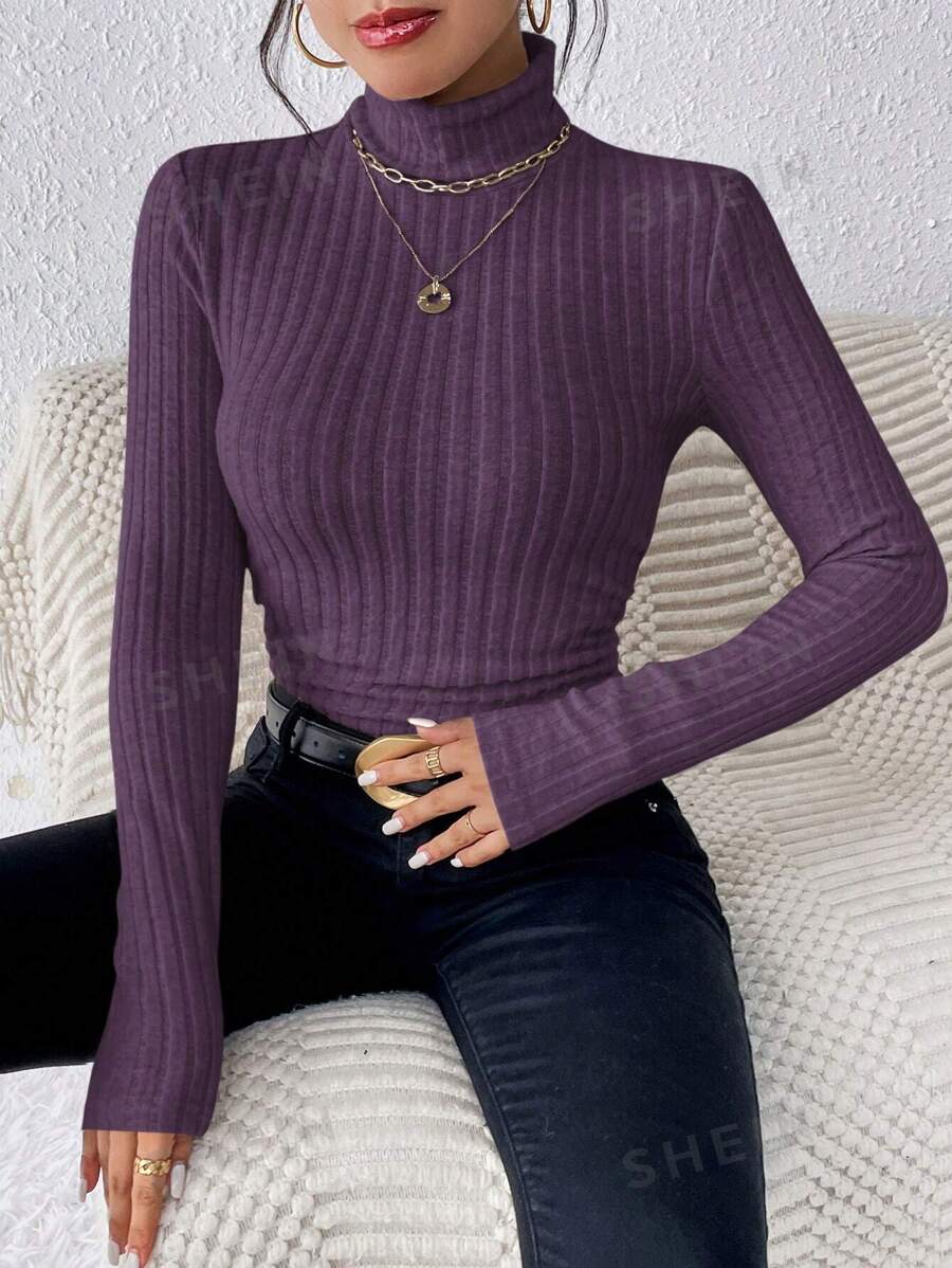 SHEIN Frenchy Camiseta De Cuello Alto De Punto Acanalado De Manga Larga Para Mujer