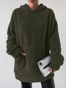 EURMUSE Kangaroo Pocket Teddy Hoodie - Dark Green - View 3