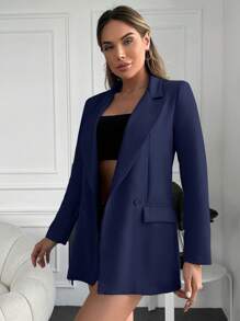 EURMUSE Lapel Collar Double Breasted Suit Jacket - Navy Blue - View 3