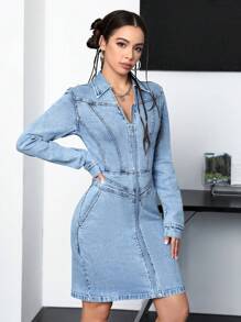 SHEIN EZwear Ladies' Zip Front Denim Dress - Medium Wash - View 6